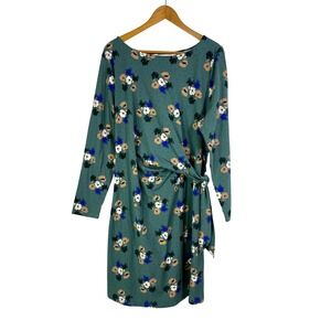Lands' End Long Sleeve Dress Women's XL Green Floral Print Twist Front Stretch